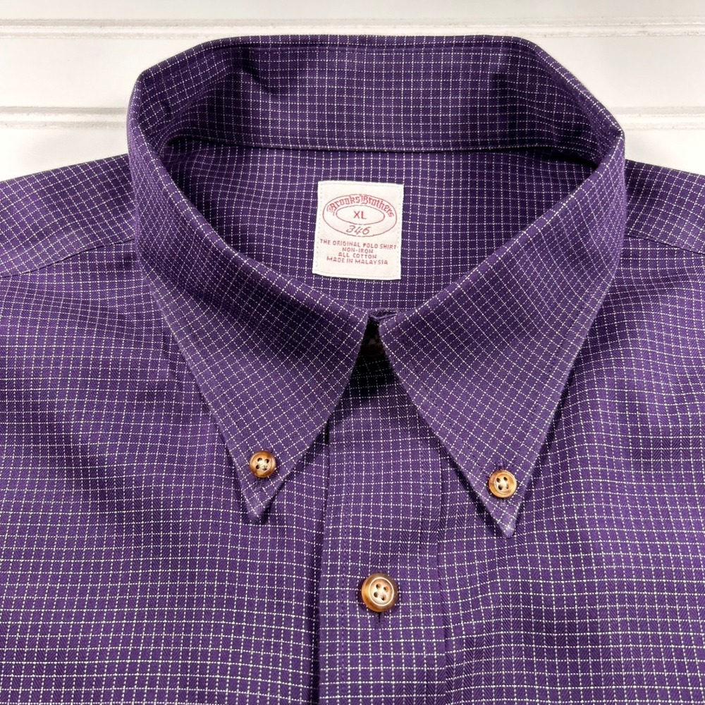 Brooks Brothers 346 Button Down Shirt Mens XL Purple Micro Check Grid Non-Iron
